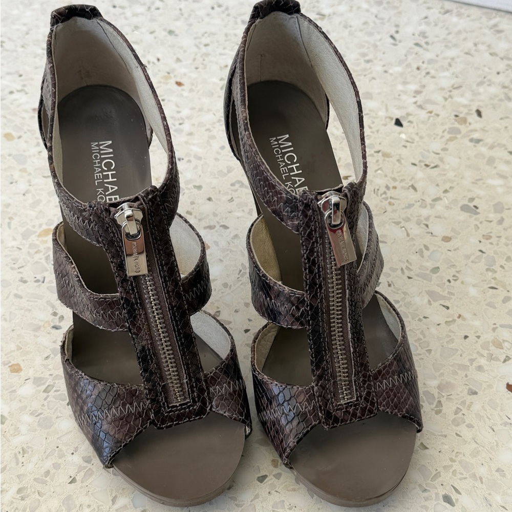 MICHAEL Michael Kors Snakeskin Zip-Front Wedge Sandals